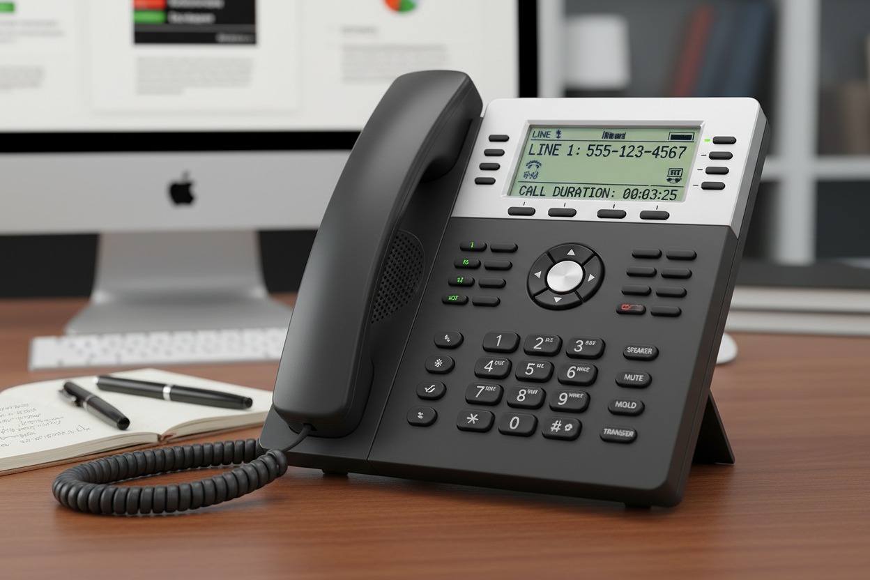 Telefone IP de escritório posicionado sobre uma mesa de madeira com um computador ao fundo.