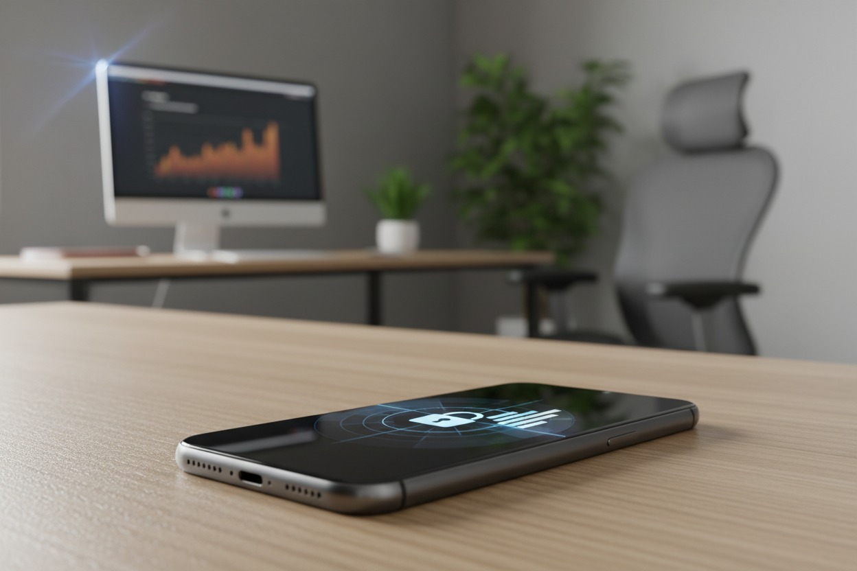 Smartphone sobre uma mesa de escritório exibindo um ícone de cadeado digital na tela.