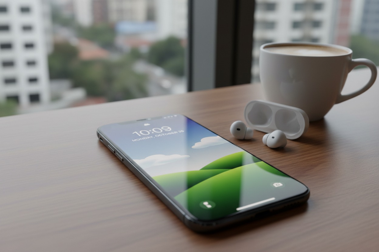 Smartphone, fones de ouvido sem fio e uma xícara de café sobre uma mesa de madeira próxima a uma janela com vista para a cidade.